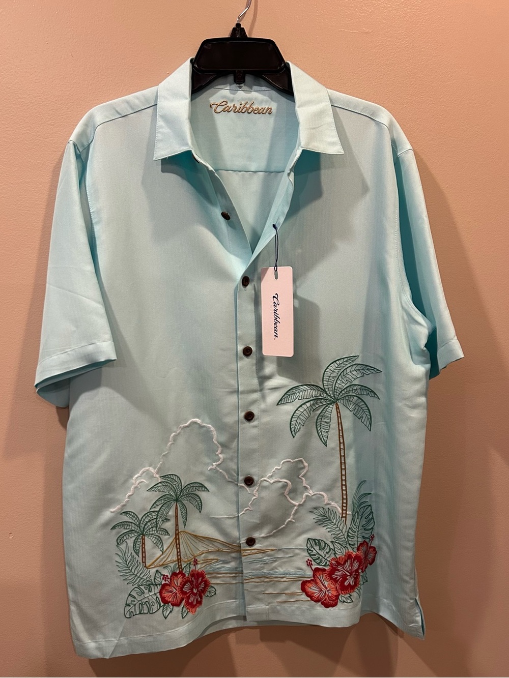 Caribbean Palm Tree Embroidered Short Sleeve Button Up Shirt
